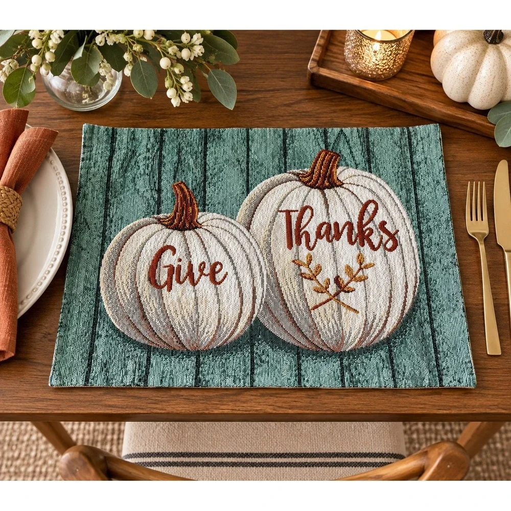 Set of 4 Give Thanks Pumpkin Fall Thanksgiving Fabric Placemats Teal